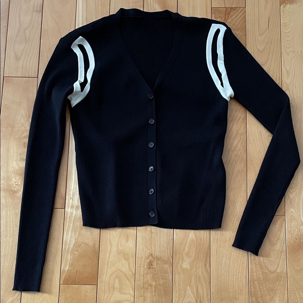M.  Lovely Black and White Cold Shoulders Sweater